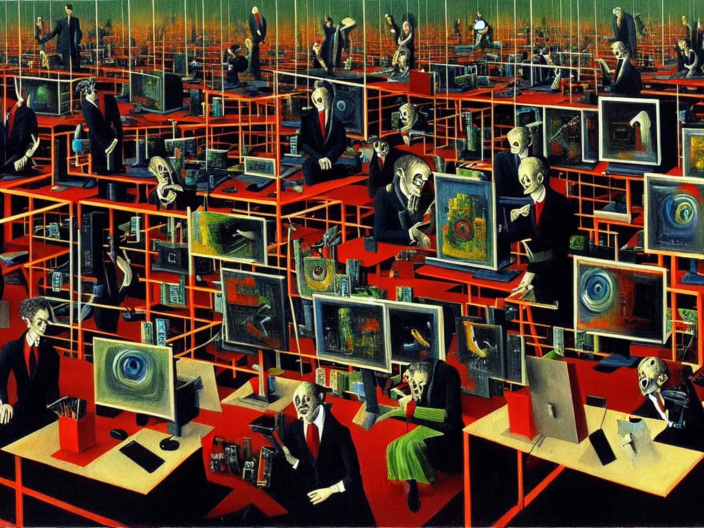 Image similar to a painting of a vast office in hell, businesspeople sitting in front of computers upside down,, highly detailed, 4 k, art by max ernst