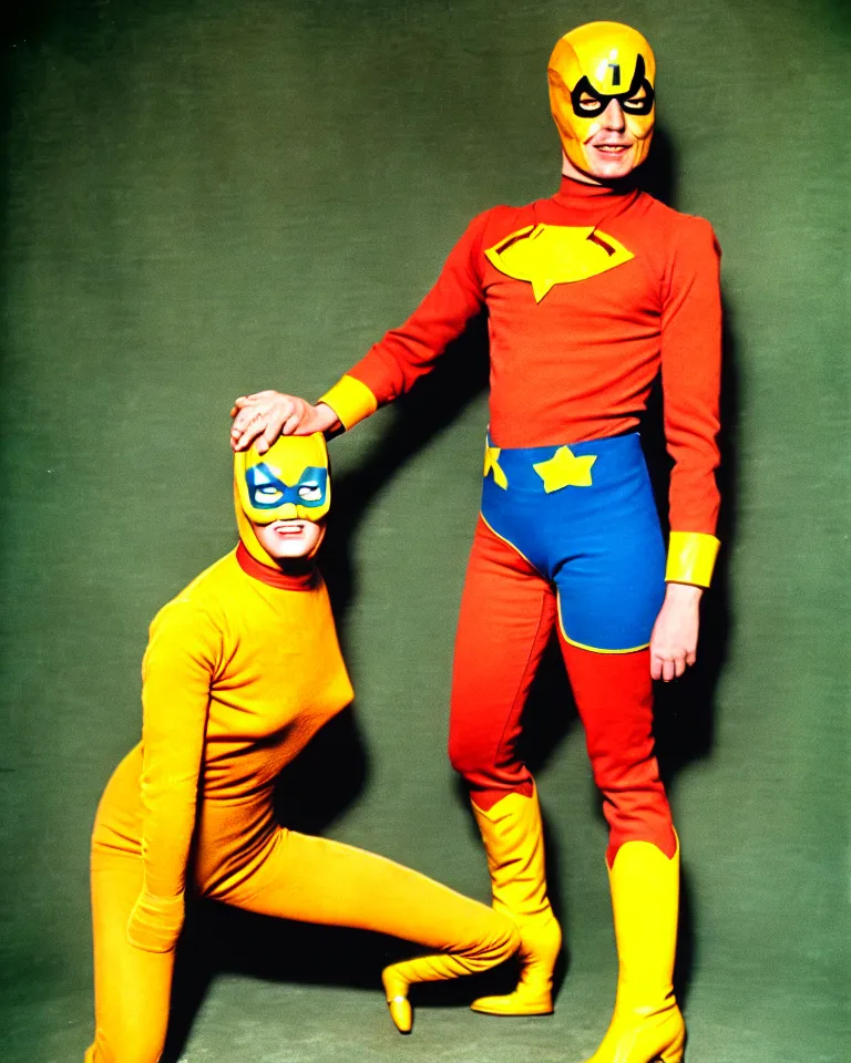 Prompt: new marvel superhero named captain marigold, orange and yellow costume, green boots, 1 9 7 0 s photo