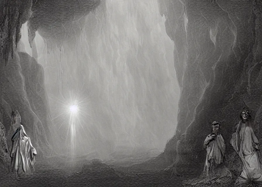 Prompt: light beam being appears suddenly in front of a hooded figure in a black robe standing in a flower meadow, flower meadow landsape in dark pits of a canyon, illustration by Gustave Dore, 18th century drawing , black and white, highly detailed, 4k, concept art, artstation