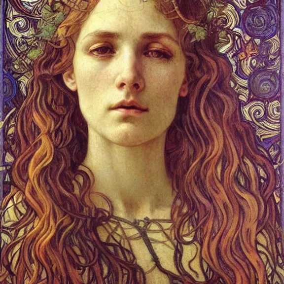 Image similar to detailed realistic beautiful young medieval queen face portrait by jean delville, alphonse mucha, vincent van gogh, and marco mazzoni, art nouveau, symbolist, visionary, gothic, pre - raphaelite