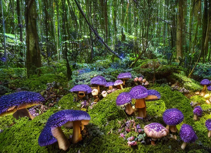 Image similar to glowing delicate flower and mushrooms that grow in a dark fatansy forest on the planet Pandora,