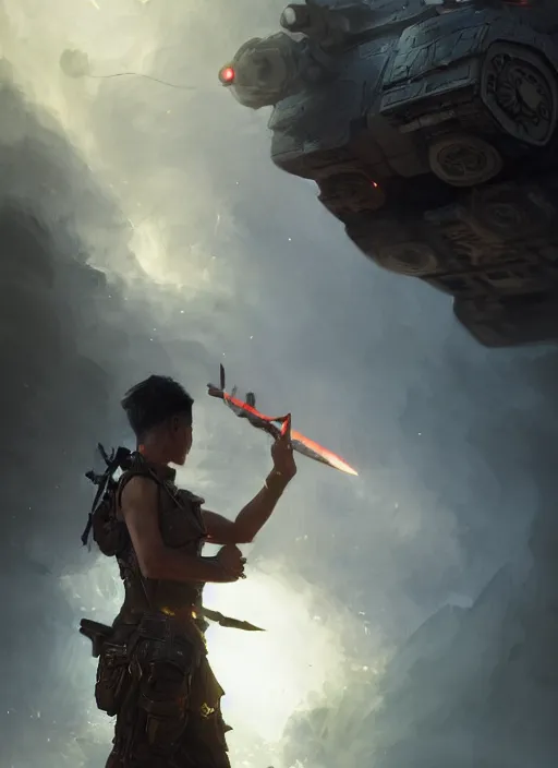 Prompt: side profile of a filipino fighter holding a scepter next to a tank, fantasy, digital painting, volumetric light, intricate, sharp, focus, bloom, illustration, highly detailed, concept art, matte, ruan jia and greg rutkowski, masterpiece