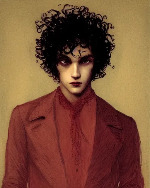 Image similar to a beautiful but sinister young man in layers of fear, with haunted eyes and curly hair, 1 9 7 0 s, seventies, delicate embellishments, a little blood, crimson, painterly, offset printing technique, by alexandre cabanel