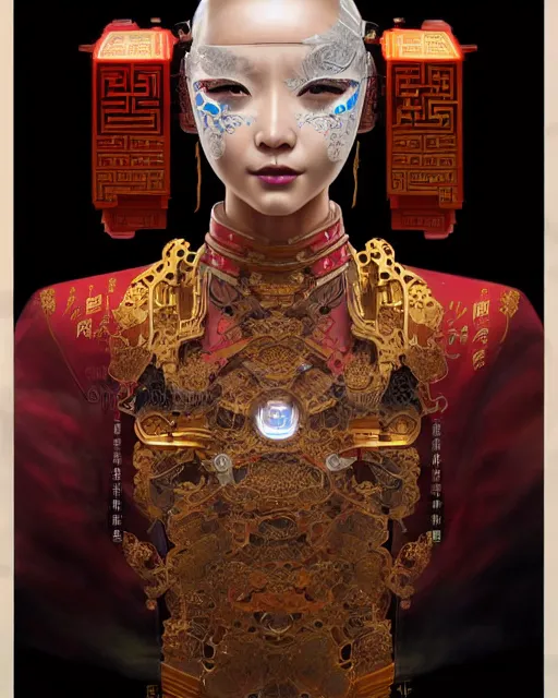 Image similar to portrait of a chinese cyberpunk machine, machine face, robed, upper half portrait, decorated with chinese opera motifs regal royal fierce machine robot cyberpunk fine china, wuxia, traditional chinese art intricate intense elegant highly detailed digital painting artstation concept art smooth sharp focus illustration, art by artgerm and greg rutkowski alphonse mucha 8 k