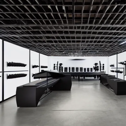 Prompt: a dezeen showroom, archdaily photo of synthesizers by virgil abloh & Patricia Urquiola