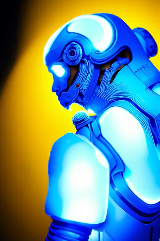 Image similar to hyperrealistic close-up blue glow exoskeleton!! chinese man covered highly detailed concept art eric zener elson peter cinematic side hard yellow light low angle hd 8k sharp shallow depth of field