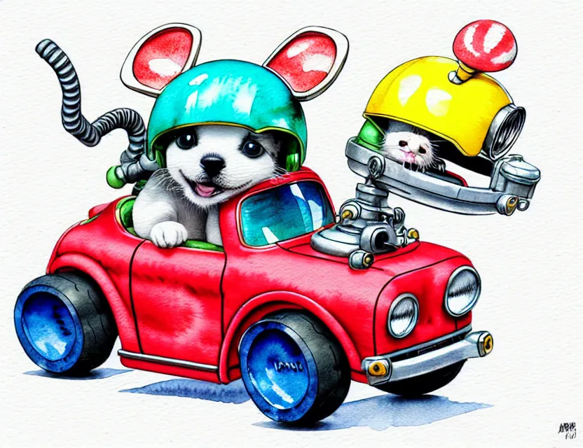 Image similar to cute and funny, puppy wearing a helmet riding in a tiny hot rod with an oversized engine, ratfink style by ed roth, centered award winning watercolor pen illustration, isometric illustration by chihiro iwasaki, edited by range murata, tiny details by artgerm and watercolor girl, symmetrically isometrically centered, sharply focused