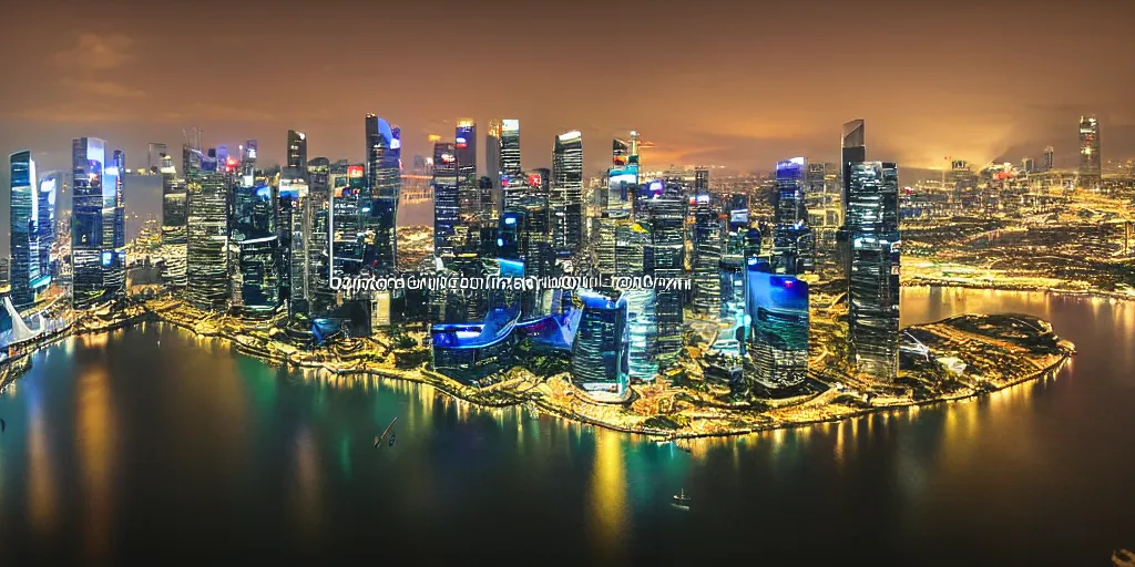 Image similar to futuristic singapour view at night from a plane, hdr