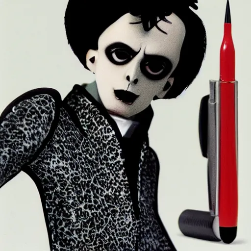 Prompt: a high quality product photo ad of klaus nomi with a technical reed rollerball pen exacto knife by junji ito and joseph cornell, ethereal eel made in switzerland