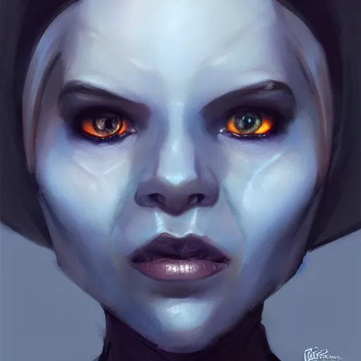 Image similar to portrait of a female Twi'lek by Greg Rutkowski, blue skin, she is about 30 years old, wearing black sith uniform, highly detailed portrait, digital painting, artstation, concept art, smooth, sharp foccus ilustration, Artstation HQ