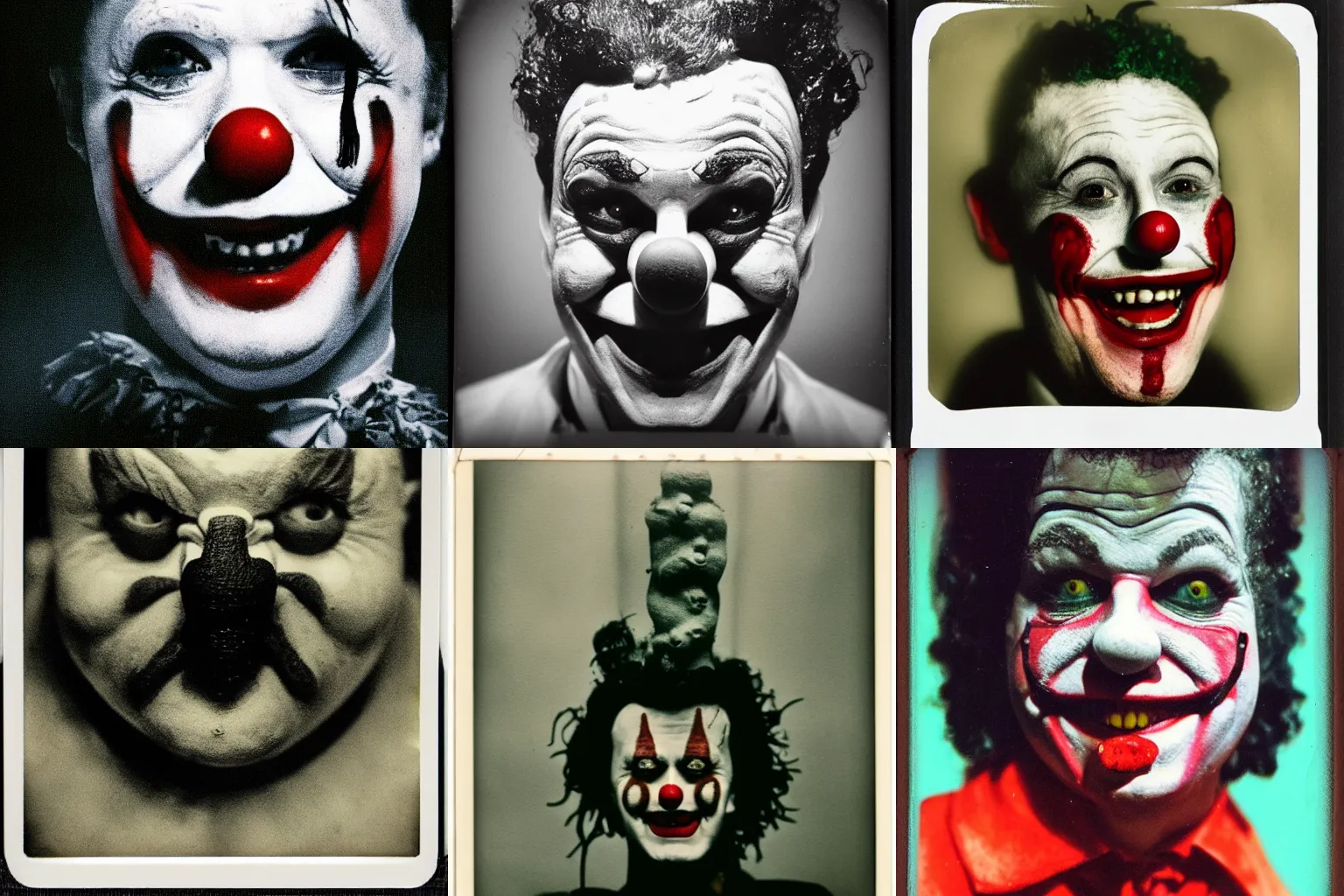 Image similar to A highly detailed head and shoulders masterpiece eerie polaroid of a clown in eraserhead smiling, horror, scary, terrifying, horrific, nighttime, dimly lit, creepy hd 4k