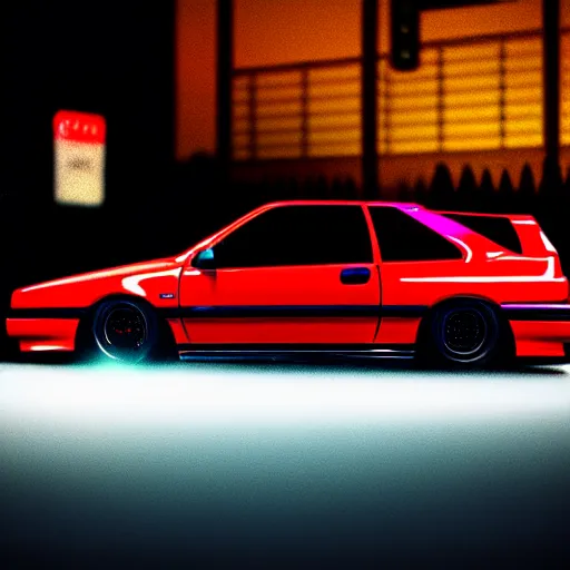 Image similar to a car 90's JDM turbo at illegal car meet, Saitama prefecture, city midnight mist lights, cinematic color, photorealistic, highly detailed, 200MM