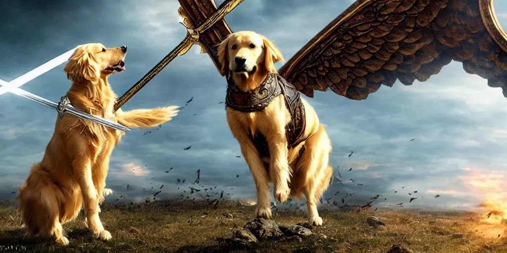 Image similar to golden retriever in medieval armor with wings and sword epic battle, photorealistic ultra detail quality shot from michael bay movie