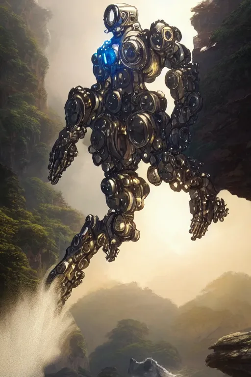 Image similar to detailed intricate digital illustration by greg rutkowski and artgerm and wlop and sanford robinson gifford ; sleek, chrome mech suit, floating with shimmering waterfall in the background ; 1 3 mm film, arri alfa anamorphic lens ; sharp focus, golden hour lighting, mist ; trending on artstation 4 k ; close view