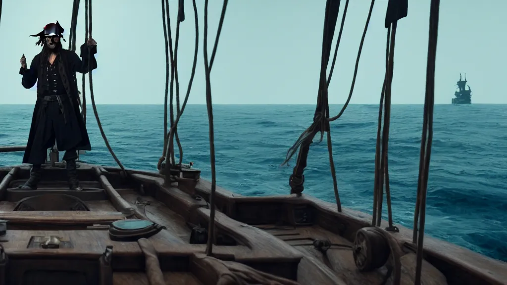 Image similar to a pirate standing in his ship, film still from the movie directed by Denis Villeneuve with art direction, 4K, realistic