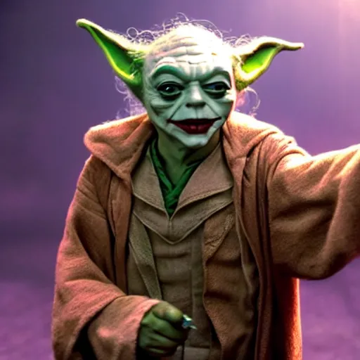 Image similar to stunning awe inspiring ( yoda ) as the joker, movie still 8 k hdr atmospheric lighting