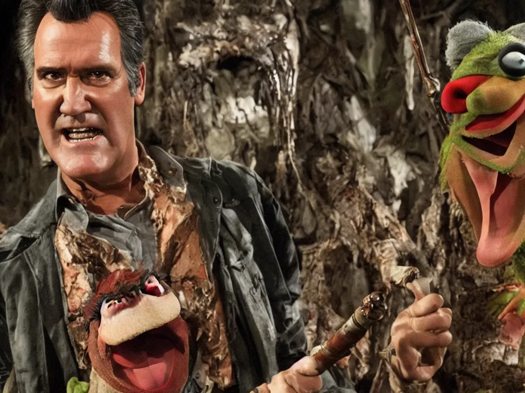 Image similar to Bruce Campbell as Ash in Muppets Evil Dead