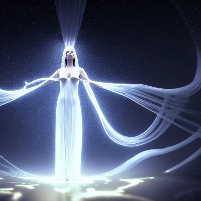 Image similar to a beautiful female goddess, in a flowing white translucent gown, entwined by light frequencies and wiring, octane render, floating in the universe, surrounded by stars and black holes, darkly surreal, light shining through, hyper - realistic, highly detailed, sharp focus, smooth, intricate