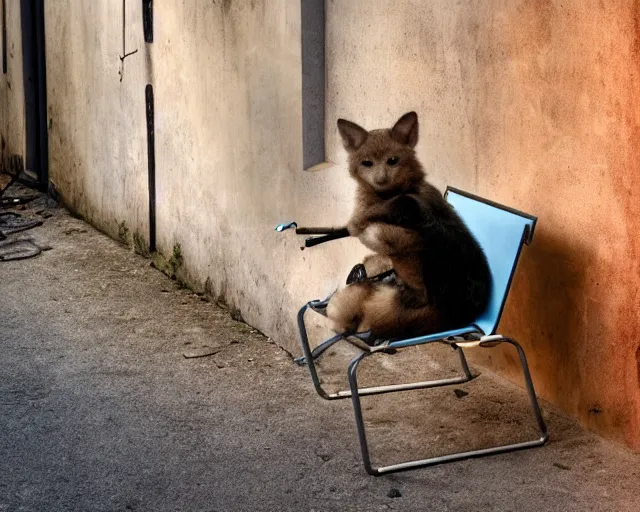 Image similar to a cute animal with a tanktop sitting on a monobloc chair and smoking a cigarette. it is hot. backalley with AC. extreme details, 8K, octance rendering, HDRI