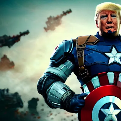 Image similar to Portrait of Donald Trump as captain america in Gears of War, splash art, movie still, cinematic lighting, dramatic, octane render, long lens, shallow depth of field, bokeh, anamorphic lens flare, 8k, hyper detailed, 35mm film grain