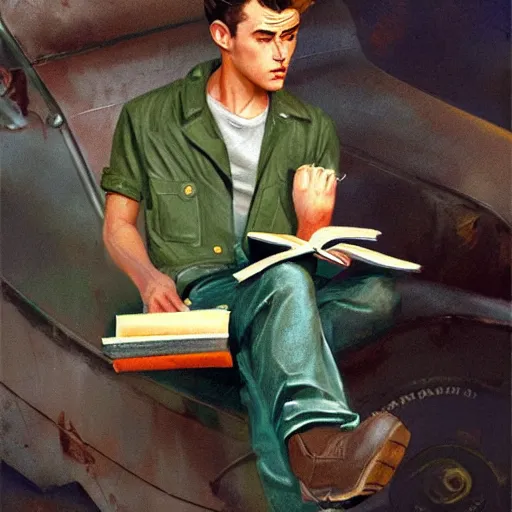 Image similar to a highly detailed epic cinematic concept art CG render digital painting artwork costume design: young James Dean as a well-kept neat mechanic in 1950s USSR green dungarees and big boots, reading a book. By Greg Rutkowski, Ilya Kuvshinov, WLOP, Stanley Artgerm Lau, Ruan Jia and Fenghua Zhong, trending on ArtStation, subtle muted cinematic colors, made in Maya, Blender and Photoshop, octane render, excellent composition, cinematic atmosphere, dynamic dramatic cinematic lighting, aesthetic, very inspirational, arthouse