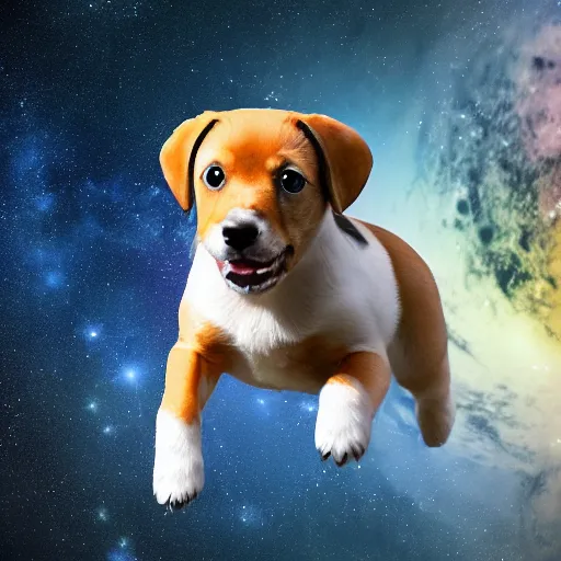 Image similar to photorealistic photograph of a puppy in a spacesuit floating through the cosmos, realism, 4k