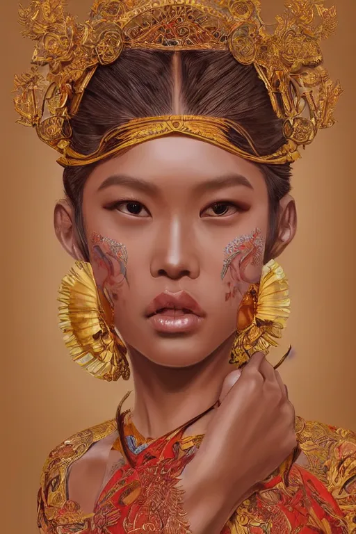 Prompt: portrait of an indonesian supermodels wearing traditional costume, highly detailed, digital painting, artstation, concept art, sharp focus, illustration, art by kittichai rueangchaichan and james gurney and alphonse mucha