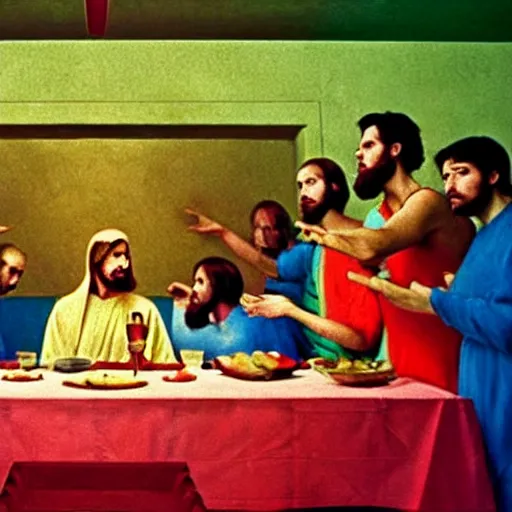 Prompt: a still from a film about modern day people re-enacting the last supper with psychedelics instead of food. Directed by Stanley Kubrick and Wes Anderson, Art directed by Edward Hopper.