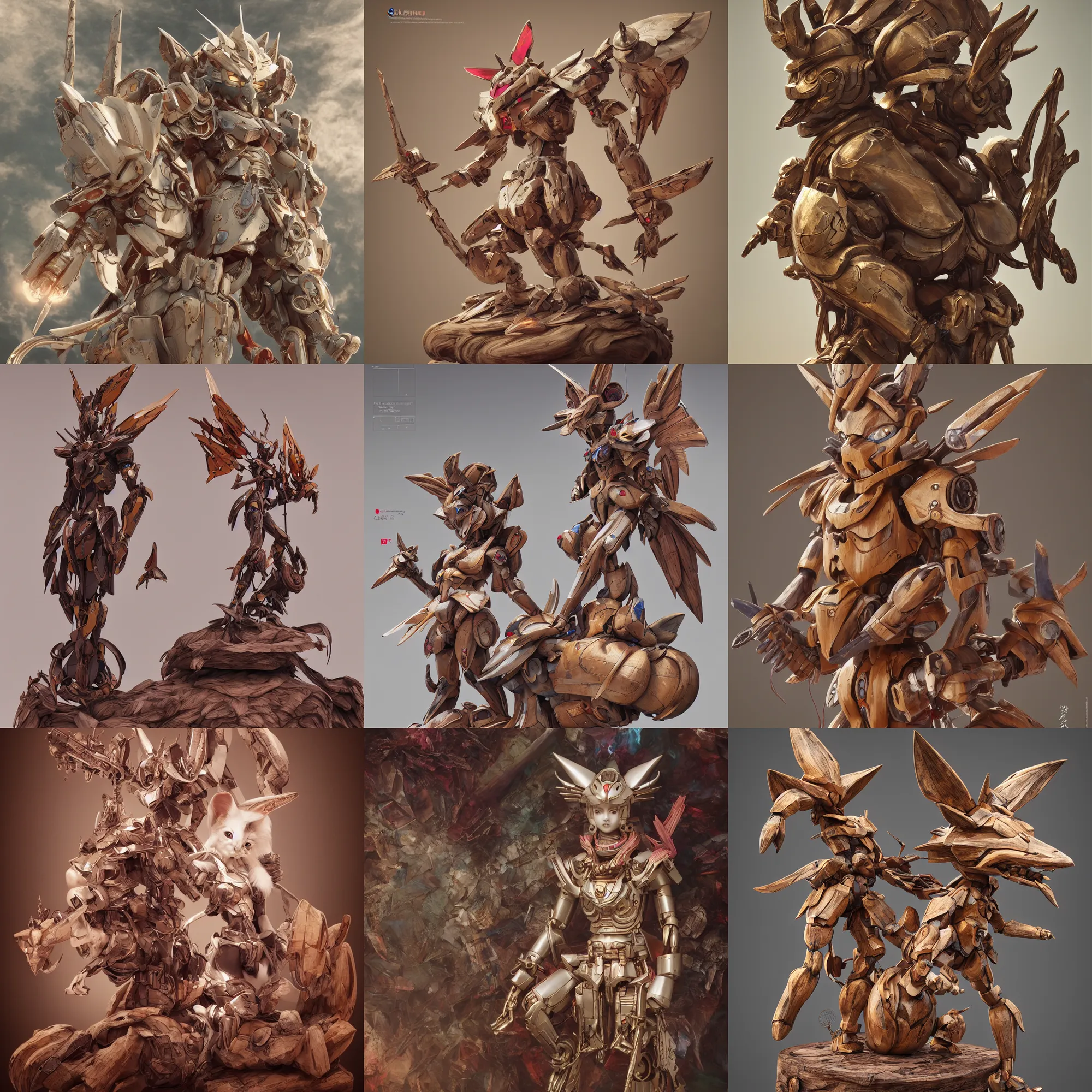 Prompt: 3 d octane render art ultra 8 k photorealistic art hyper detailed unreal engine, a wooden carving sculpture art on a pedestal a very cute mystical gundam of the bohemian with cat's ears, concept art, trending on cgsociety art, artwork masterpiece, in a contemporary art gallery in mucha