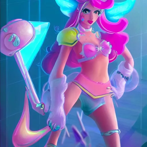 Image similar to Princess peach mixed with jinx from league of legends, background with neon lighting, trending on artstation, by Joe Benitez, WLOP, Alessandro Barbucci, Barbara Canepa