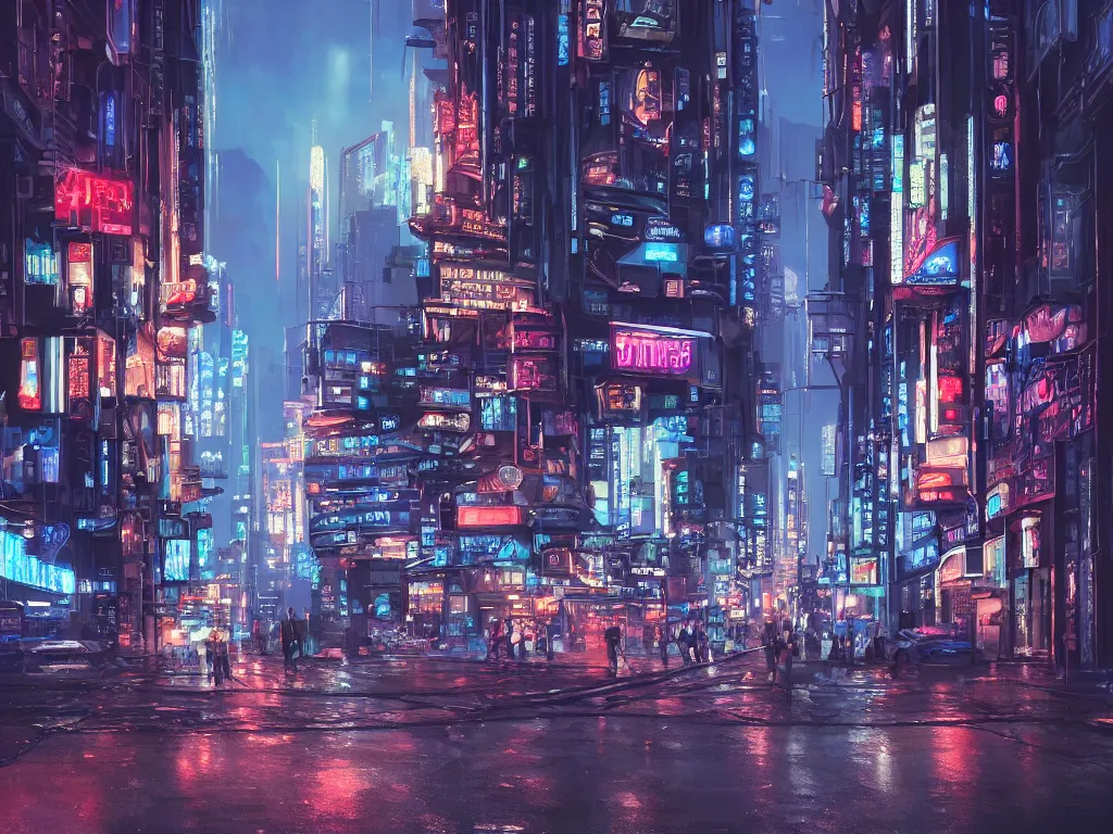 Prompt: hyperrealistic matte painting of a busy city street at night, classical architecture, by hugh ferris, noriyoshi ohrai, john harris, cyberpunk style, neon signs, blue color scheme, gritty, fine detail, polished, sharp focus, digital art, octane, cgsociety, trending on artstation
