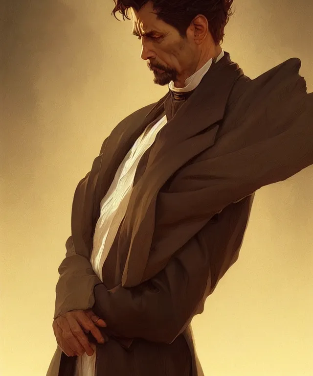 Image similar to a bad preacher, a suspicious priest, portrait, intricate, elegant, highly detailed, digital painting, artstation, concept art, smooth, sharp focus, illustration, art by artgerm and greg rutkowski and alphonse mucha