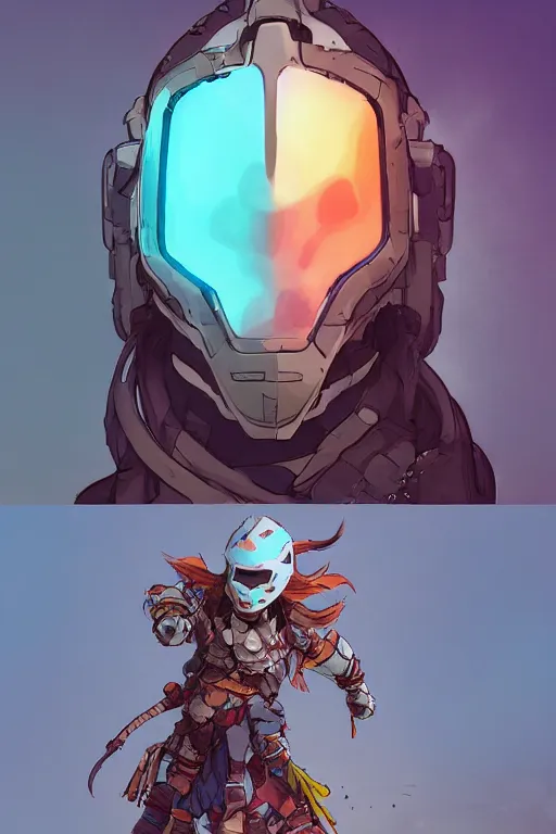 Image similar to combination suit armor aloy horizon forbidden west horizon zero dawn robot ninja mask helmet backpack tribal, art gta 5 comics, official fanart behance hd artstation by jesper ejsing, by rhads, makoto shinkai and lois van baarle, ilya kuvshinov, ossdraws radiating a glowing aura cgi rtx 2 0 2 2