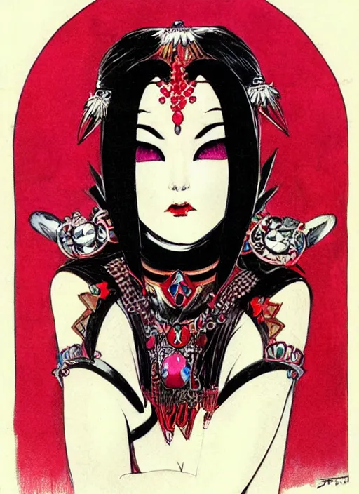 Prompt: mighty female korean vampiress, jeweled headdress, heavy mascara, strong line, saturated color, beautiful! coherent! by frank frazetta, high contrast, minimalism