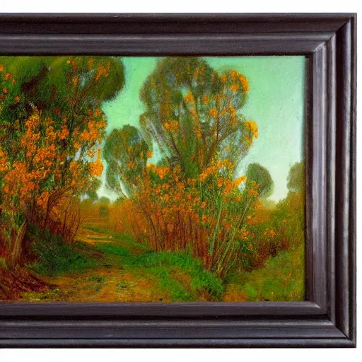 Image similar to a painting of a dirt road surrounded by eucalyptus trees and california golden poppies, woodland hill in the distance. an oil painting by Julian Onderdonk, green orange violet triadic color palette, featured on deviantart, australian tonalism, pre-raphaelite, impressionism, detailed painting