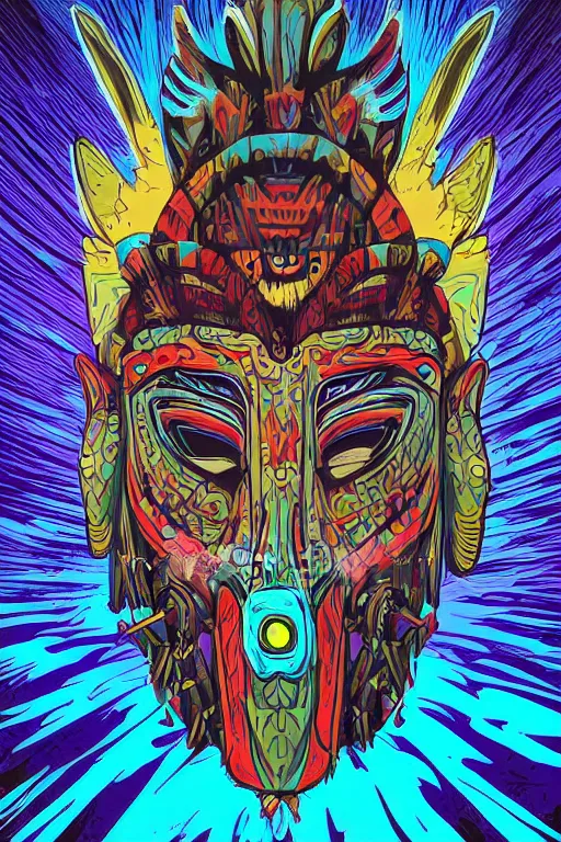 Image similar to totem animal mask tribal feather gemstone plant wood rock shaman vodoo video game vector illustration vivid multicolor borderlands comics by josan gonzales and dan mumford radiating a glowing aura