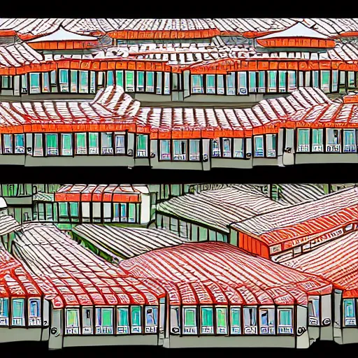 Image similar to a chinese prison, in the style of daniel johnston, 8 k, line brush, minimal, brightly coloured, flat blocks of color, overlaid with chinese adverts