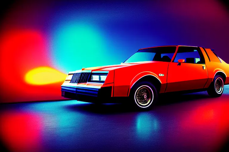 Image similar to stylized poster of a single 1 9 8 6 buick grand national, thick neon lights, ektachrome photograph, volumetric lighting, f 8 aperture, cinematic eastman 5 3 8 4 film