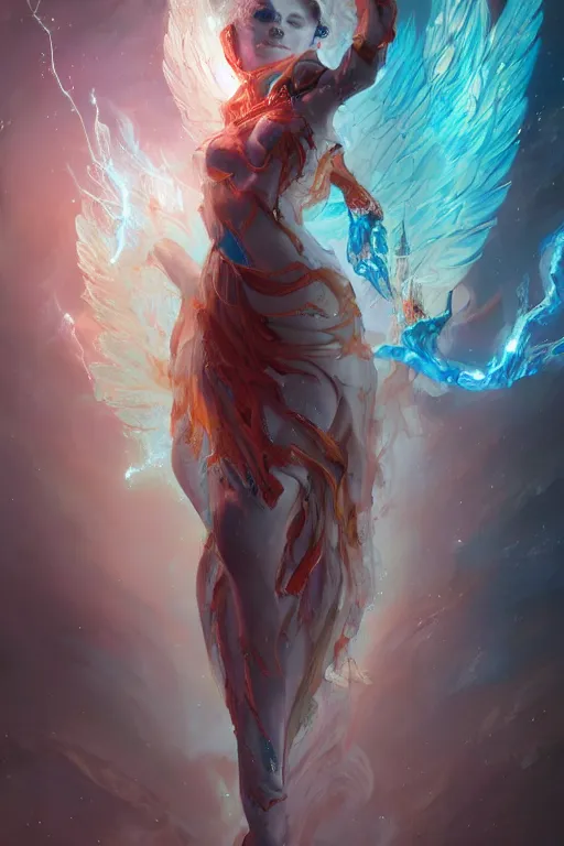 Prompt: torso closeup model wearing exploding glass fire ice dress, sorcerer, diamonds, angel, fantasy, dramatic lighting, highly detailed, digital painting, holding electricity, magic the gathering, hyper detailed, 3 d render, hyper realistic detailed portrait, peter mohrbacher, wlop, ruan jia