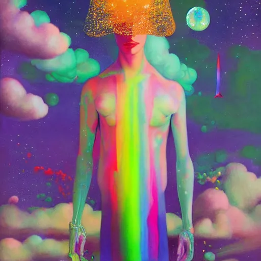 Image similar to surreal gouache painting, yoshitaka amano, ruan jia, conrad roset, bubbles, orbs, incredibly detailed, of floating molecules and a mannequin artist holding an icosahedron with stars, clouds, and rainbows in the background, retrowave, modular patterned mechanical costume headpiece, artstation masterpiece, minimalistic