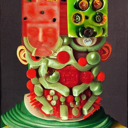 Prompt: a vintage robot head made out of jello aspic salad by giuseppe arcimboldo, oil on canvas