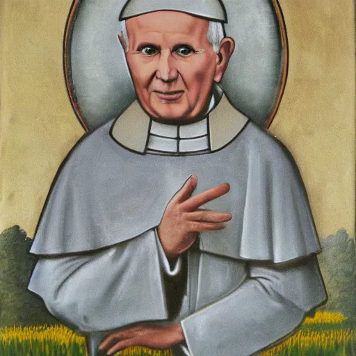 Prompt: Pope John Paul II gamboling on a meadow