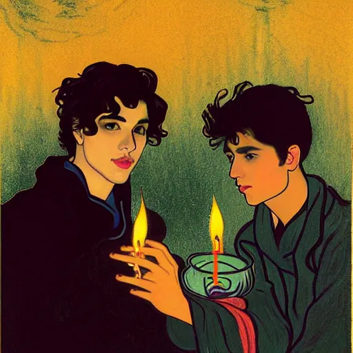 Image similar to painting of young cute handsome beautiful dark medium wavy hair man in his 2 0 s named shadow taehyung and cute handsome beautiful min - jun together at the halloween party, bubbling cauldron, candles, smoke, tarot, autumn colors, elegant, stylized, soft facial features, delicate facial features, art by alphonse mucha, vincent van gogh, egon schiele