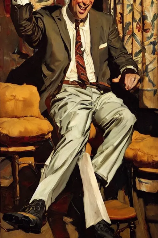 Image similar to bob odenkirk smiling surrounded by bare feet,'bare feet '!!!! painting by jc leyendecker!! phil hale!, angular, brush strokes, painterly, vintage, crisp