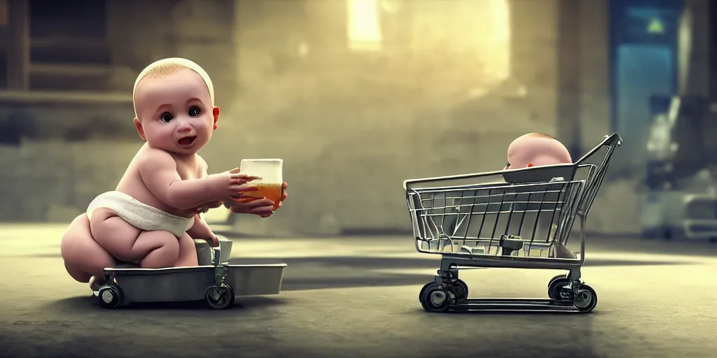 Image similar to beer drinking baby in diapers with a shopping cart, dim volumetric lighting, 8 k octane beautifully detailed render, post - processing, extremely hyper - detailed, intricate, epic composition, cinematic lighting, masterpiece, detailed detailed detailed, masterpiece, stunning art, wonderful masterpiece, beautiful cinematic light