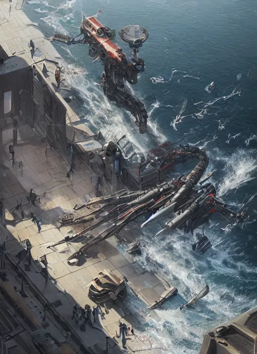 Image similar to hyper realistic robot attacking cape town city harbor beautiful details, strong composition, poster painted by greg rutkowski, james gurney and greg rutkowski weta studio, and lucasfilm and best of artstation