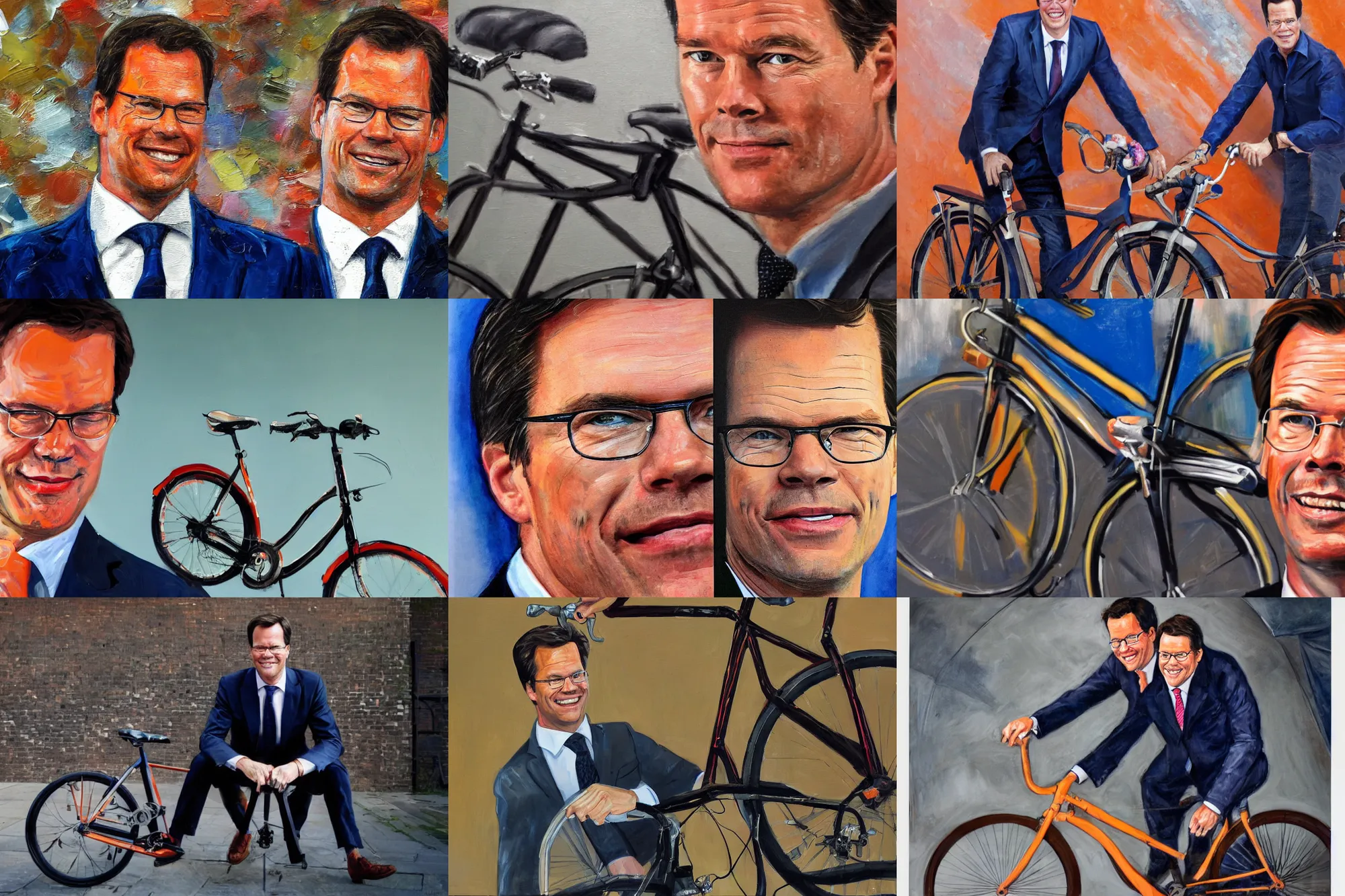 Prompt: close-up portrait of Dutch prime minister Mark Rutte posing on his bike painted by Tom Chambers