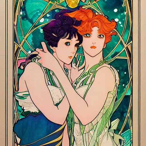 Image similar to the sailor neptune and the sailor uranus. beautiful, realistic painting by mucha and kuvshinov and bilibin. watercolor, thick lining, manga