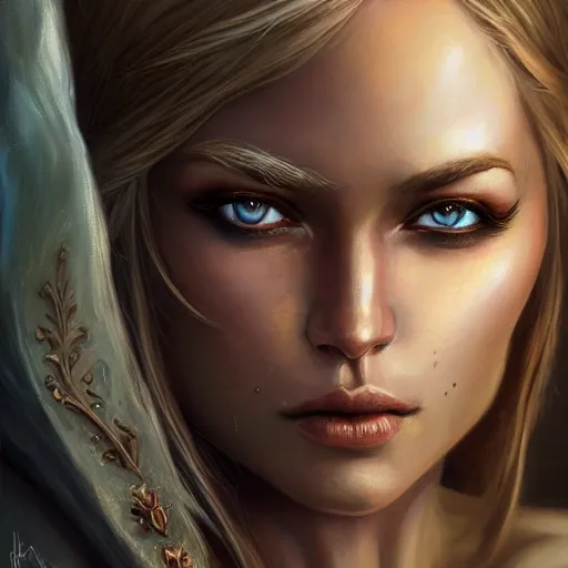 Prompt: portrait of a beautiful woman drow adventurer, ranger, Alexandria's genesis, chin-length hair, bored, illustration, soft lighting, soft details, hyper realism, high detailed, painting oil on canvas by mark arian by artgerm, trending on artstation, 4k, 8k, HD