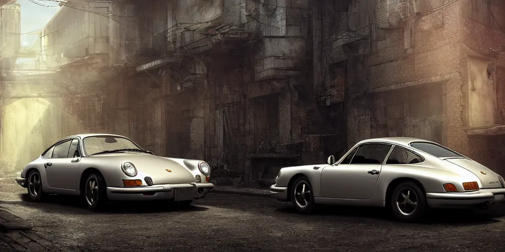 Prompt: a wholesome animation key shot of a focused old silver Porsche car parked in an abandoned alleyway, medium shot, waist up, studio Ghibli, Pixar and Disney animation, sharp, very detailed, high resolution, Rendered in Unreal Engine 5, anime key art by Greg Rutkowski, Bloom, dramatic lighting